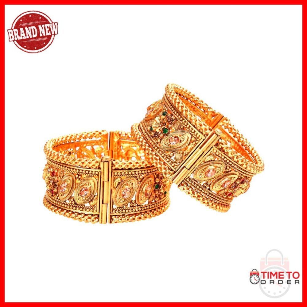Gold Tone Bangle Bracelet Set Floral Crystal Engraved Hinge Openable Statement